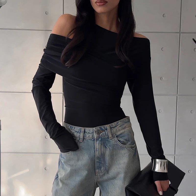 UN Europe and The United States Wind, Women's Clothing, 2025, Spring New, Fashionable Personality, Irregular, Oblique Shoulders, Pleated Slim T-shirt,