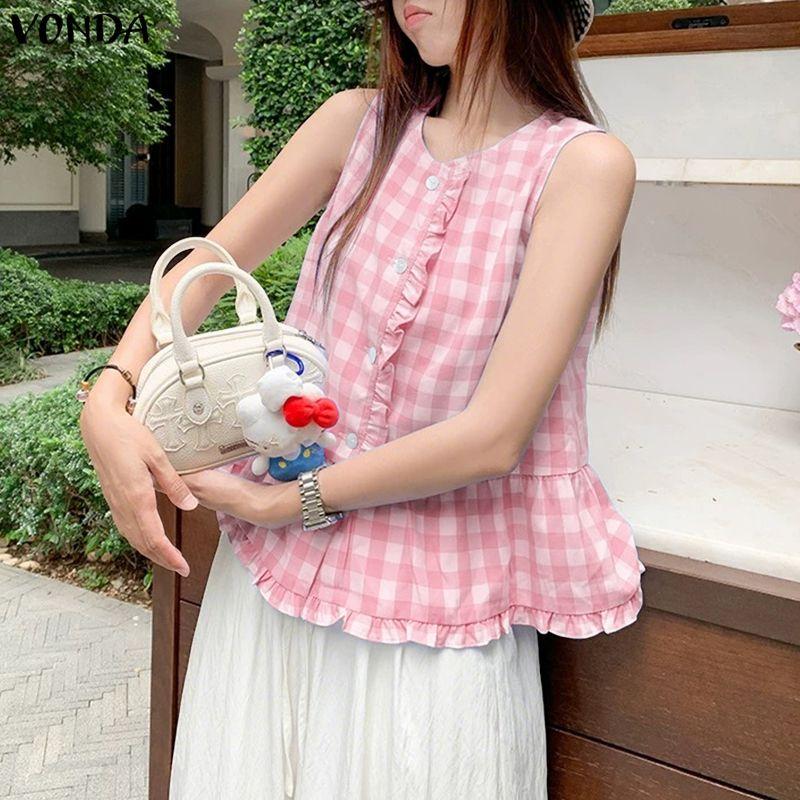 VONDA Summer Women Casual Round Neck Sleeveless Plaid Print Tank Tops