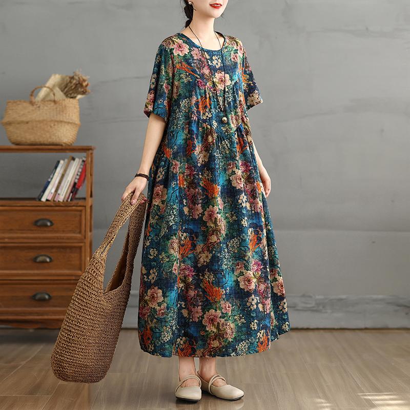 Dimanaf 2025 Summer New Plus Size Vintage Dress Women Casual Long Dress Loose Basic Floral Printing Dress