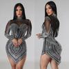 European & American Fashion Women's Solid Color Mesh Rhinestone Long Sleeve Mini Dress