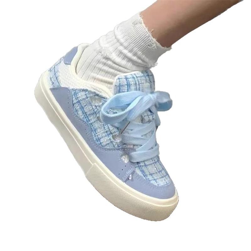 Versatile Light Blue Bread Shoes Low-top Plaid Casual Wear-resistant Fashion Denim Blue Sports Running Board Shoes Tide
