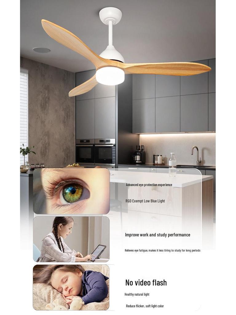 American Retro Ceiling Fan Light with Solid Wood Blades - Industrial Style LED for Restaurants