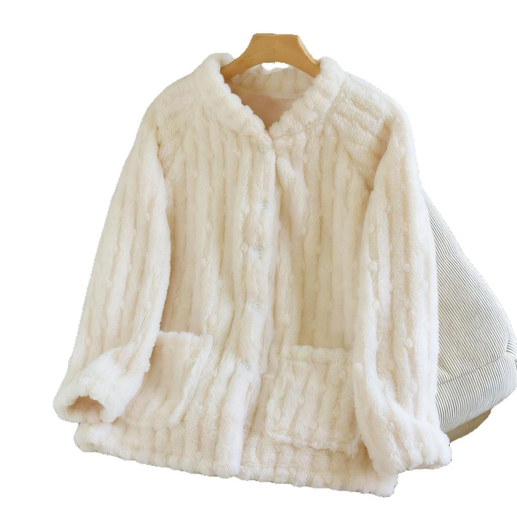 Women's Long Sleeve Coral Fleece Pajama Jacket - Stand Collar Flannel Cardigan