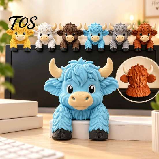 Office Desk Decoration for Women Cute Highland Cow Monitor Figurine, 3D Printed Animal Sitting on Accessories Computer Screen Edge Ornament,