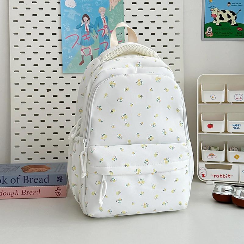 Minimalist Nylon Student Backpack With Geometric Pattern And Floral Details For Daily Use