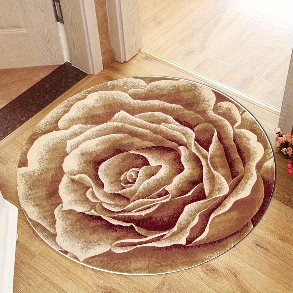 Elegant Rose Floral Round Rug Brown and  Beige Non-Slip Floor Mat Washable 2D Flat Print Area Rug for Living Room Bedroom Decor