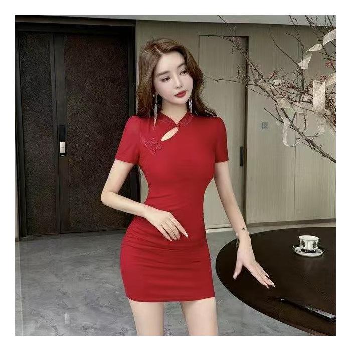 Summer Retro Cheongsam-Style Short Dress: Solid Color, Frog Button, Waist-Cinched, Sexy Fit