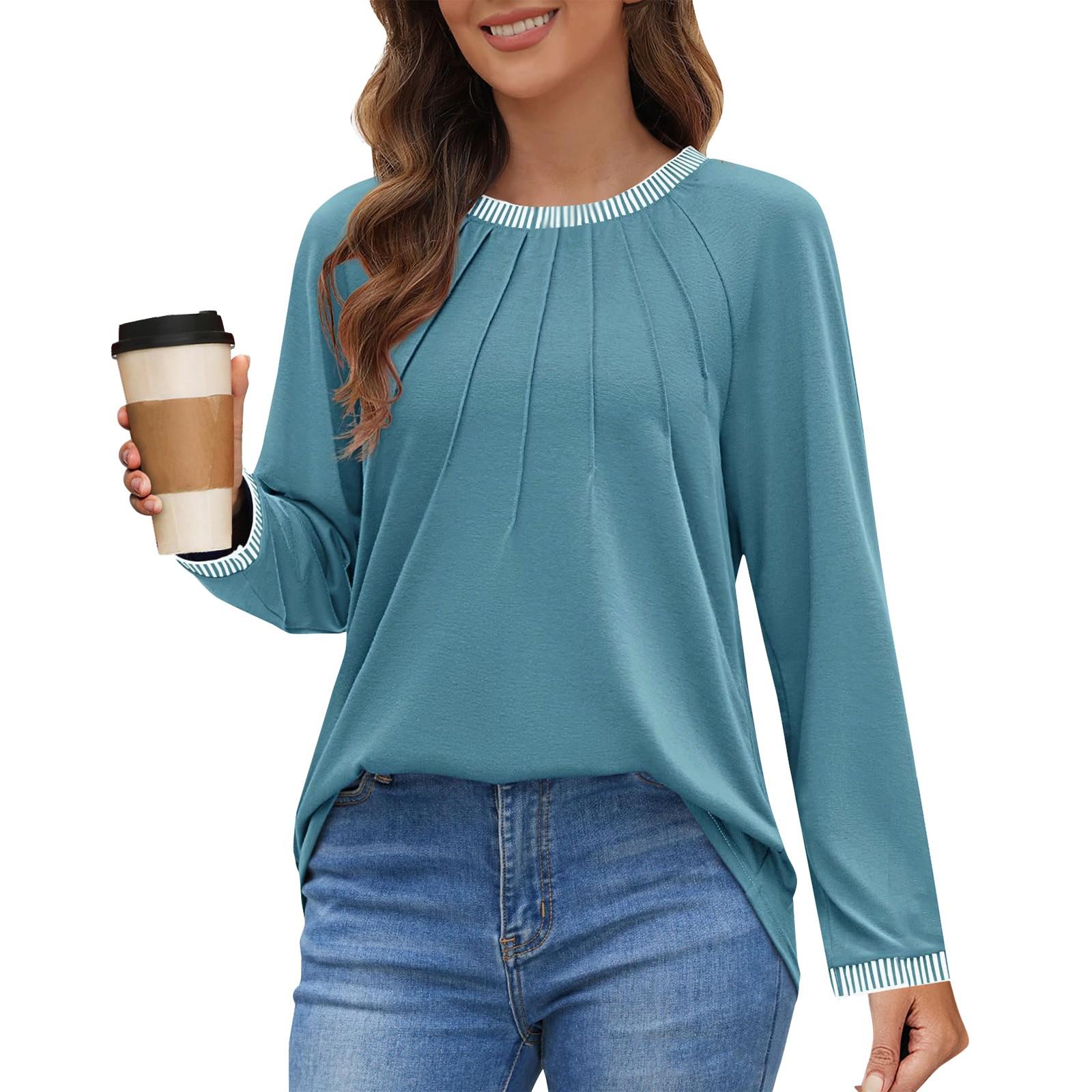 

Женские топы с длинным рукавом, нарядные, повседневные, с круглым вырезом, плиссированные, цветные, свободные, модные блузки, футболки XXL