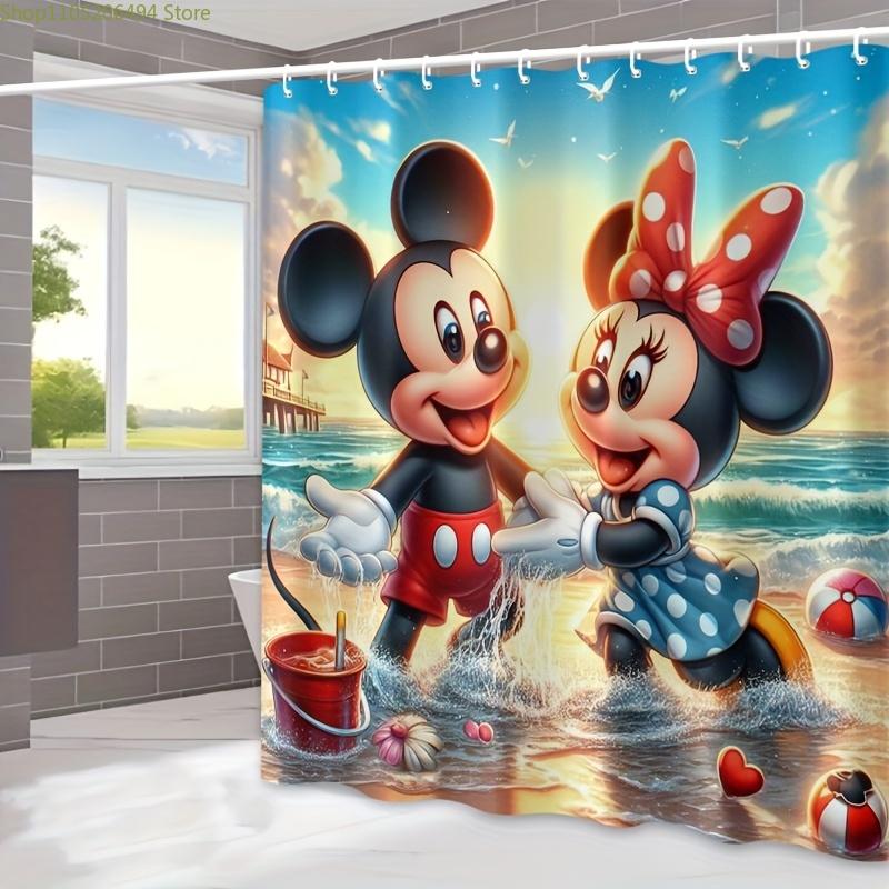 

1pc Mickey & Minnie Beach Sunset Shower Curtain - Machine Washable Polyester Bathroom Decor with Hooks, Vibrant Cartoon Design 90x180cm