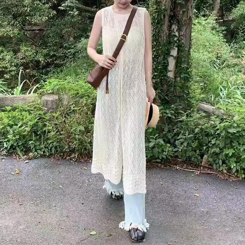 Fashion Knitted Cardigan Sleeveless Lace Dress Retro Hollow Out Sun Protection Women Cross Covers Up Summer Elegant Top Thin Korean Shirt Clothing