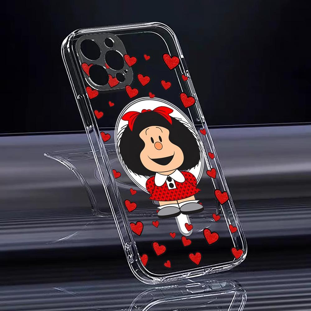 Cartoon Cute M-Mafalda Phone Case For iPhone 17 16 15 14 13 12 Pro Max Plus With Magnetic Crystal Clear Case Wireless Charge