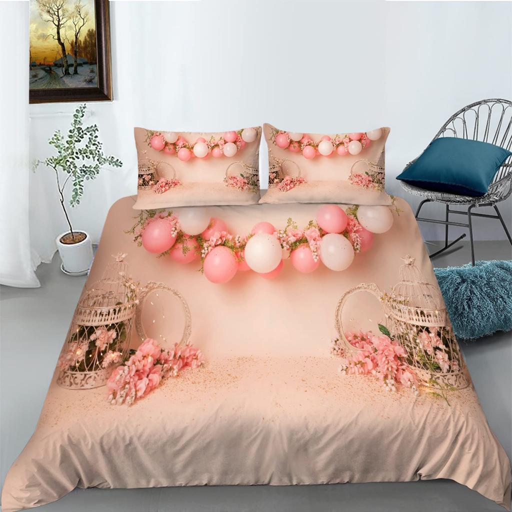 Watercolor Duvet Cover Hand Painted Style Floating Hot Air Balloons Clouds Print Decorative Bedding Set Blue Pink Coral Children