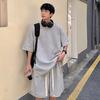 2Pcs/Set O-Neck Short Sleeve Waffle Texture Casual Outfit Pockets Drawstring Elastic Waistband Solid Color T-shirt Loose Shorts Sport Suit Streetwear
