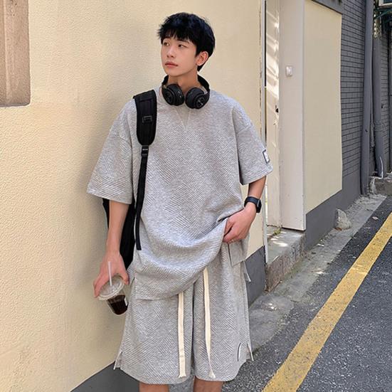 2Pcs/Set O-Neck Short Sleeve Waffle Texture Casual Outfit Pockets Drawstring Elastic Waistband Solid Color T-shirt Loose Shorts Sport Suit Streetwear