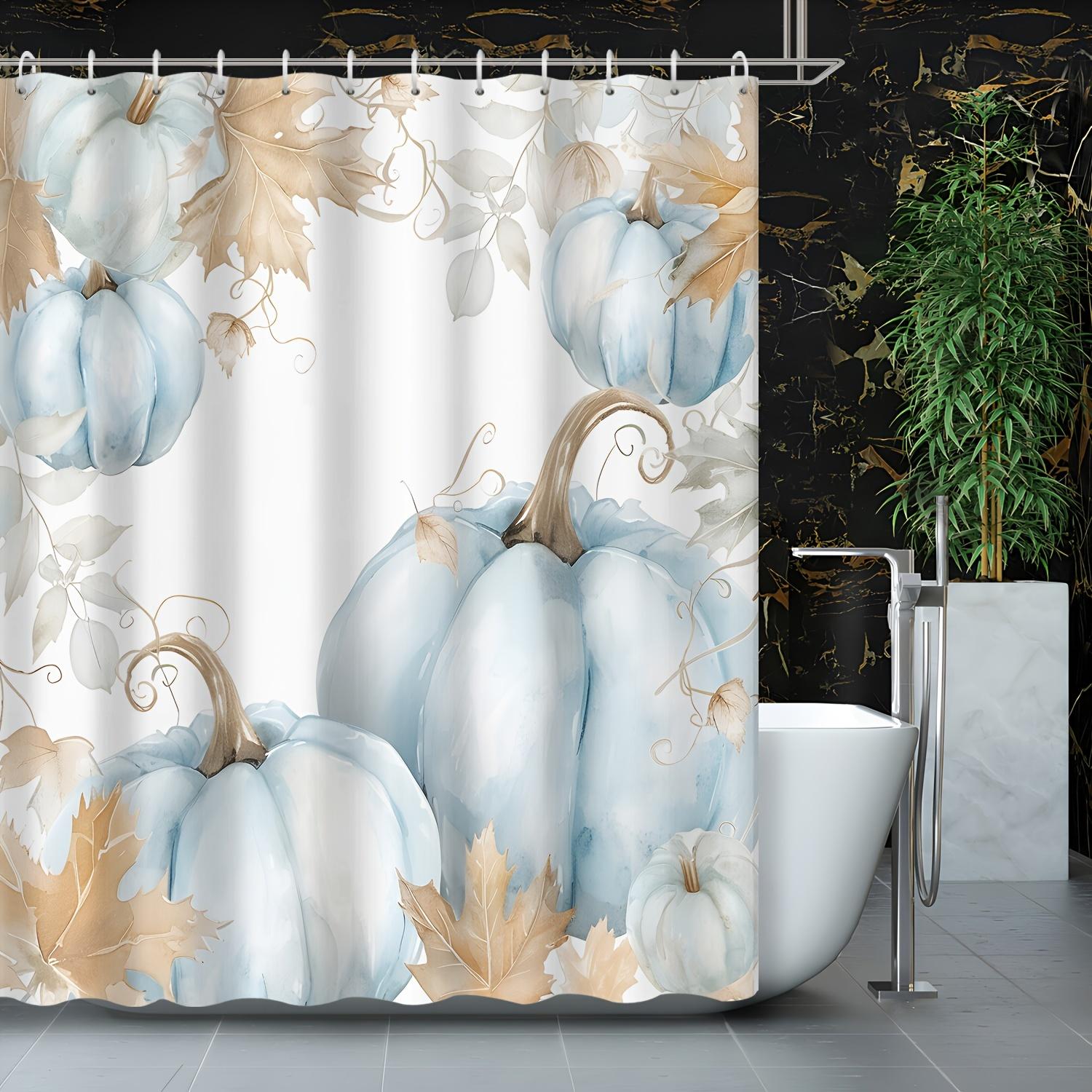 

1Pc Autumn Home Decor Blue Watercolor Pumpkin Yellow Maple Leaves Shower Curtain With 12 Hooks, Bathroom Accessories W60H190(CM)-1 Pcs