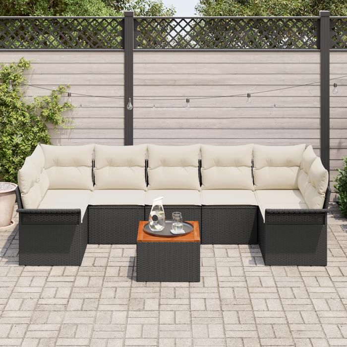 VidaXL Ensemble de Canapés de Jardin 8 Pièces avec Coussins Noir Poly Rattan Acacia 3347292