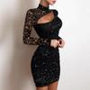 Elegant Women's Lace Hollow Knitted Bodycon Dress with Glittering Highlights.