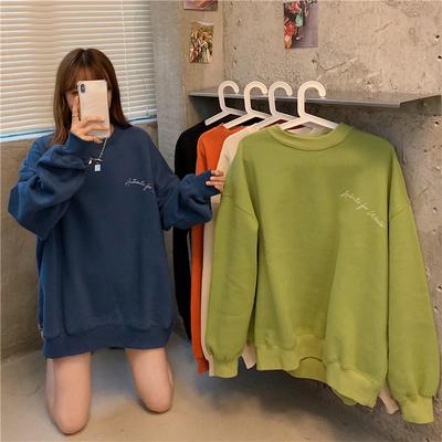 Damen Kapuzenpullover Harajuku Plus Samt Verdickt Langärmliger Pullover Damen Herbst und Winter Rundhals Locker Buchstaben Pullover