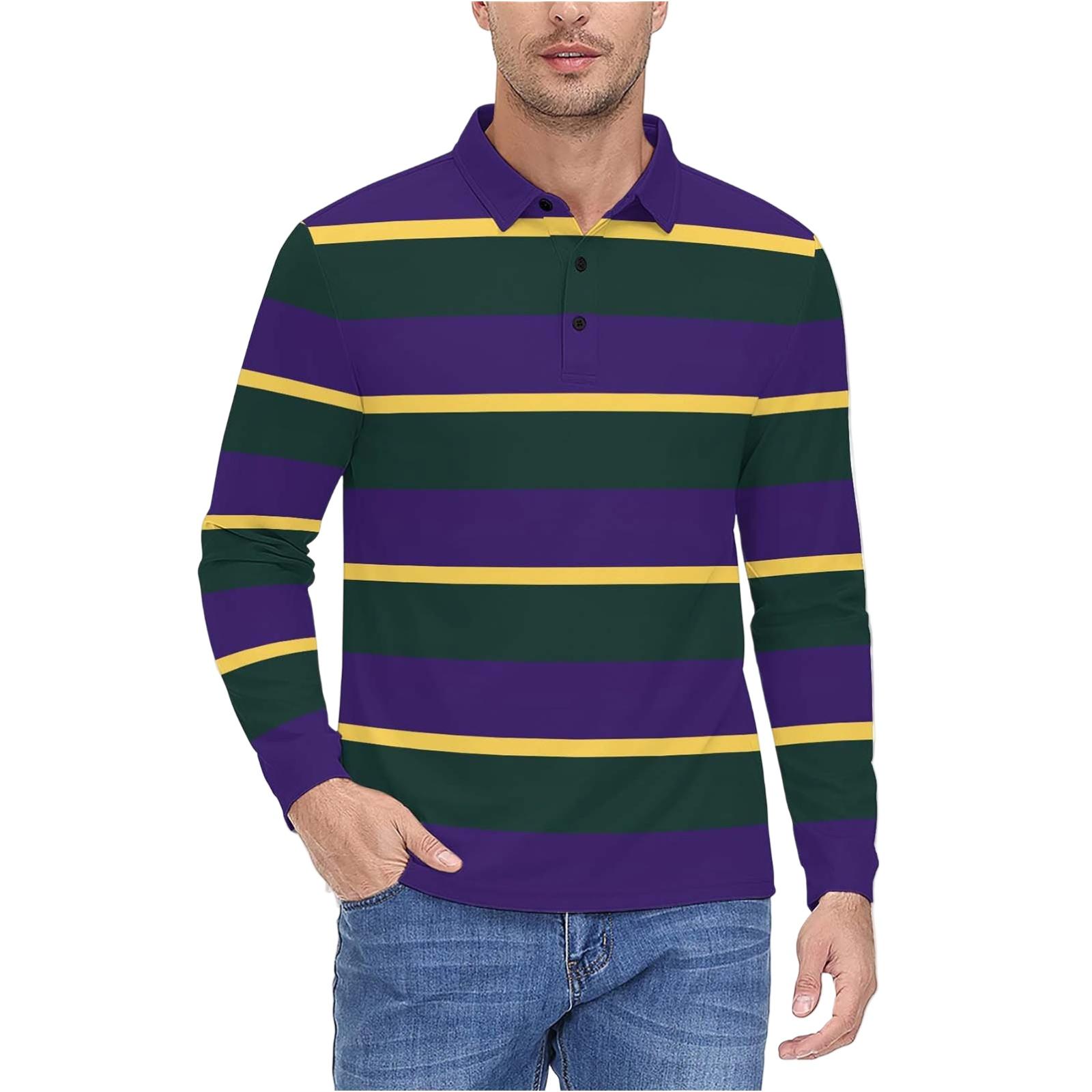 Mens Long Sleeve Shirt Classic Striped Rugby Shirt Casual Cotton Top with Button Down Collar for Everyday Wear XXL фиолетовый