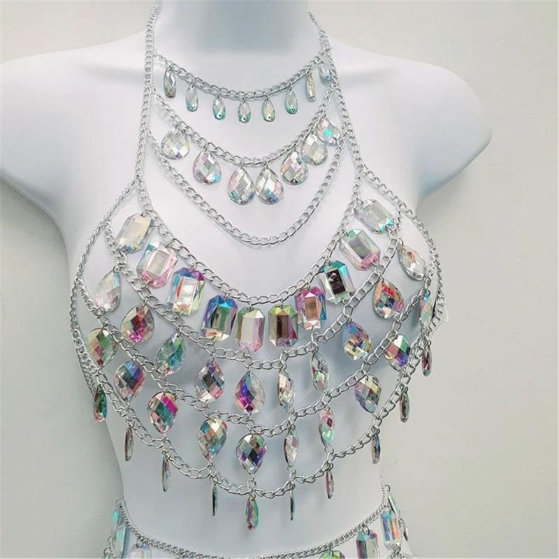 Rhinestones Body Chains Beach Bikini Bra Top Crystal Chest Chains Wasit Body Jewelry Accessories for Women Girls Gifts