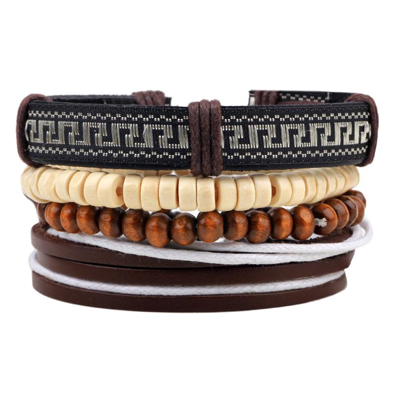 Men's Retro Multi-Strand Cowhide Anchor Bracelet Set with Wood Beads