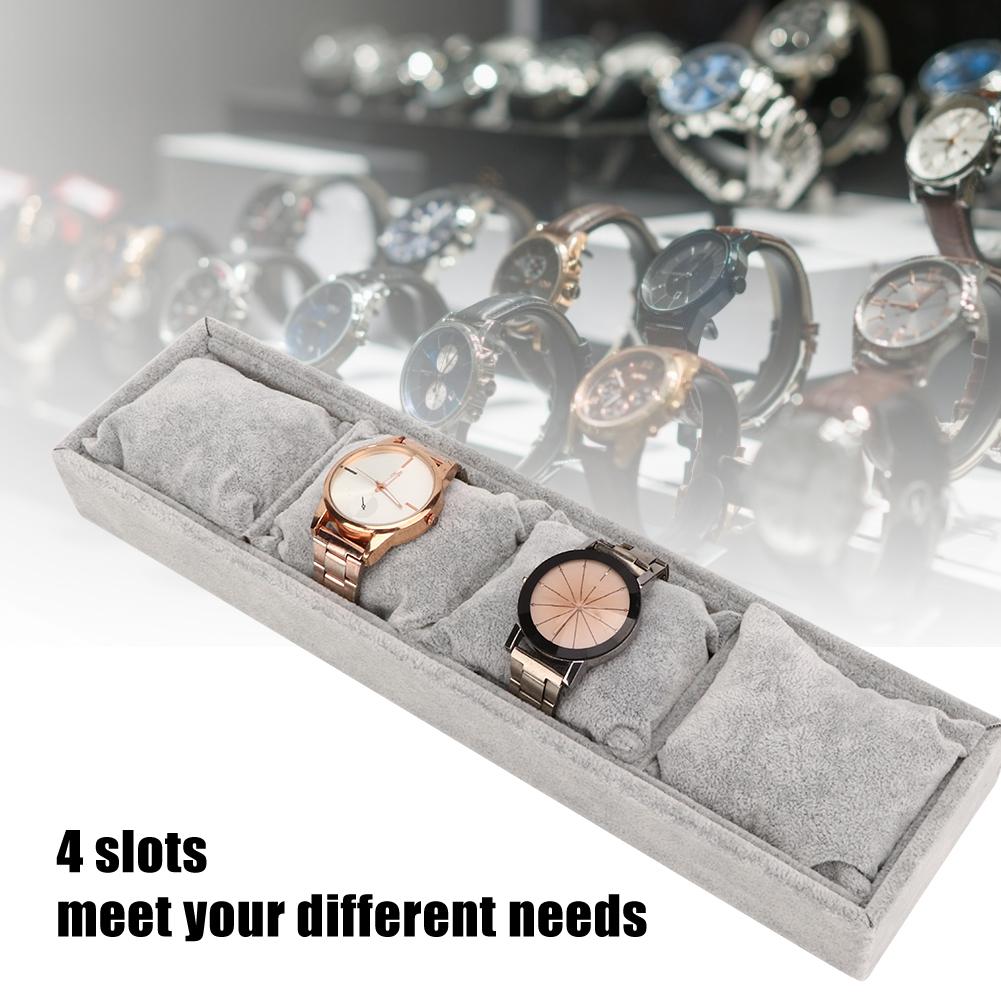 Gray Watch Bracelet Display Tray 4 Grid Slots Holder with Pillows Jewelry Storage Organizer
