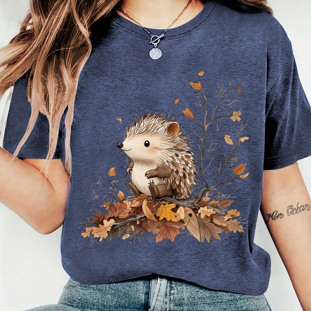 Women Heather Purple T-shirt Cute Hedgehog Autumn Fall Leaves Print Casual Crewneck Short Sleeve Tops
