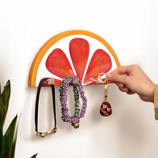 Wall-Mounted Key Hanger Semi-Circular Orange Slice Design Coat Hanger Entrance Key Hanger with 4 Hooks for Bedroom Bathroom