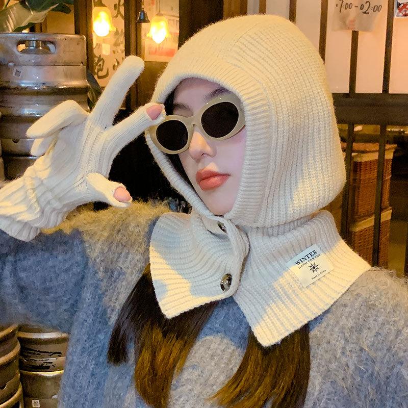 Women's scarf integrated knitted warm hat autumn and winter cold gloves outdoor one-piece children's wool cape hat