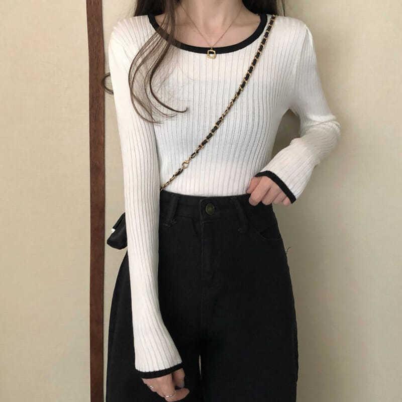 Autumn Korean Style Contrast Color Ribbed Long Sleeve Knitwear Women's Slim Fit Inner Base Layer Top