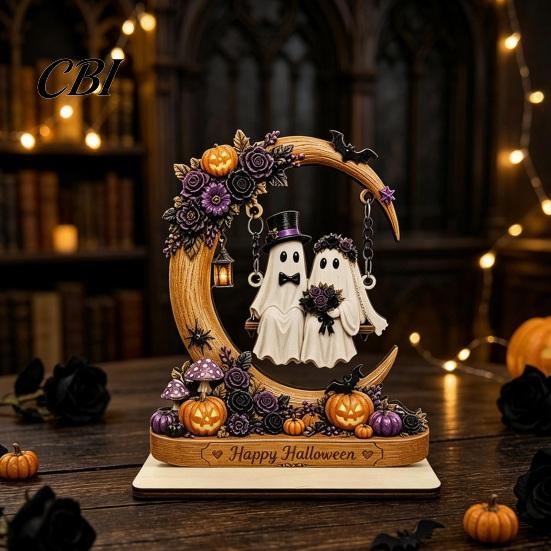 Halloween Ghost Swing Ornaments Moon Figurine, Reading On with Floral Whimsical Holiday Props Pumpkin Accents, Wooden Bookshelf Decor for Desk Mantel