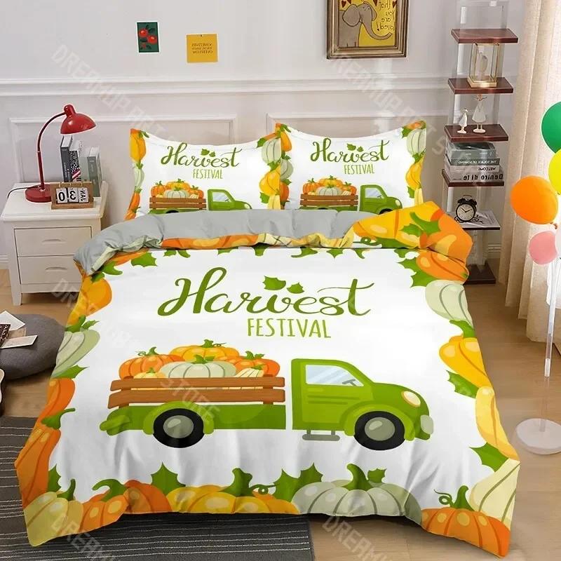Autumn Pumpkin Truck King Queen Duvet Cover Happy Fall Thanksgiving Bedding Set Kids Festival Gifts 2/3Pcs Polyester Quilt Cover