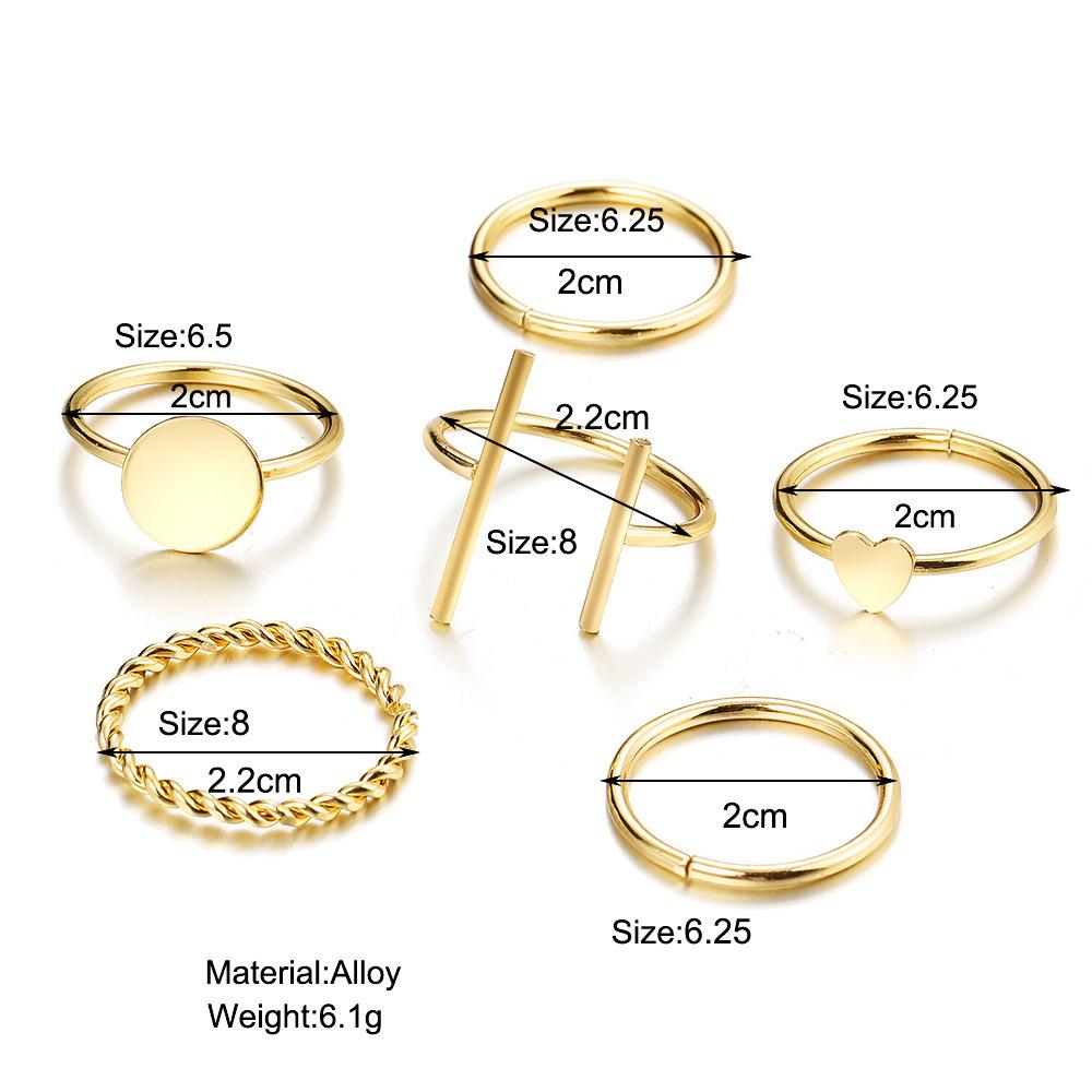 6 Pcs/set Rings Creative Love-shaped Geometric Open Band Ring Cold Style Joint Ring Set