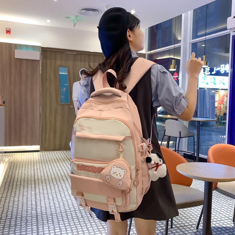 Student Schoolbag Color Block Women's Large Capacity Lightweight Backpack Middle School Student Backpack with Coin Purse