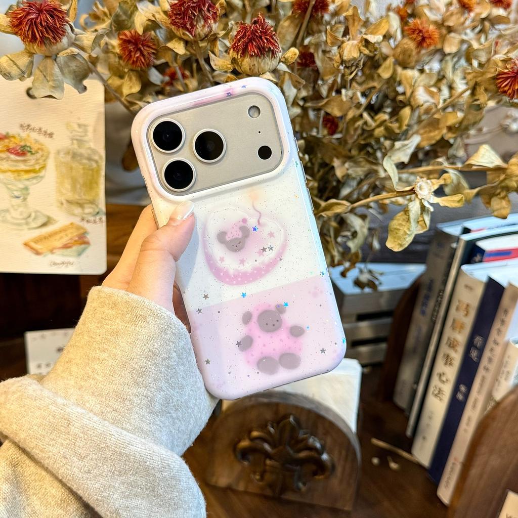 Sweet Pink Bear Glittery Sparkly Stars Dreamy Girly Aesthetic Phone Case for iPhone 17 16 15 14 11 12 13 Pro Max Plus Back Cover