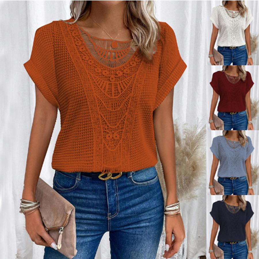 New Summer Floral Lace Patchwork Short Sleeve T-Shirt Women's Clothing