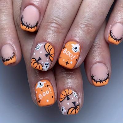 48-tlg. 2er-Set Nagelspitzen mit Halloween-Motiven – orange glänzende, quadratische, kurze Aufklebnägel mit süßem Kürbis- und Buh-Muster