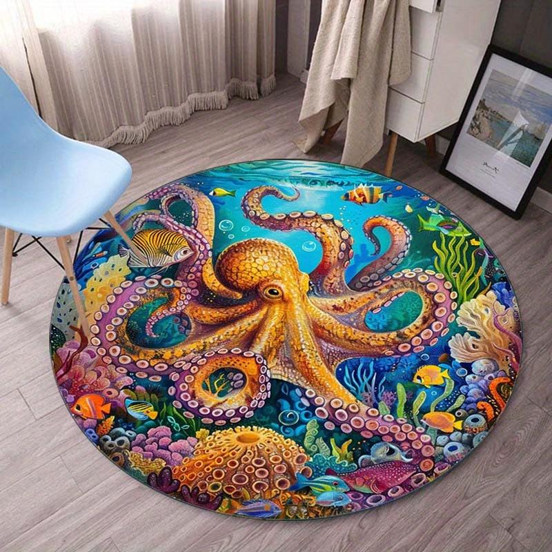 Krystalový sametový koberec 2D Plochý, 3D Kobercový kulatý koberec s potiskem chobotnice Podložka pod židli - Protiskluzový Polyester, Krystalový samet, Pod vodou