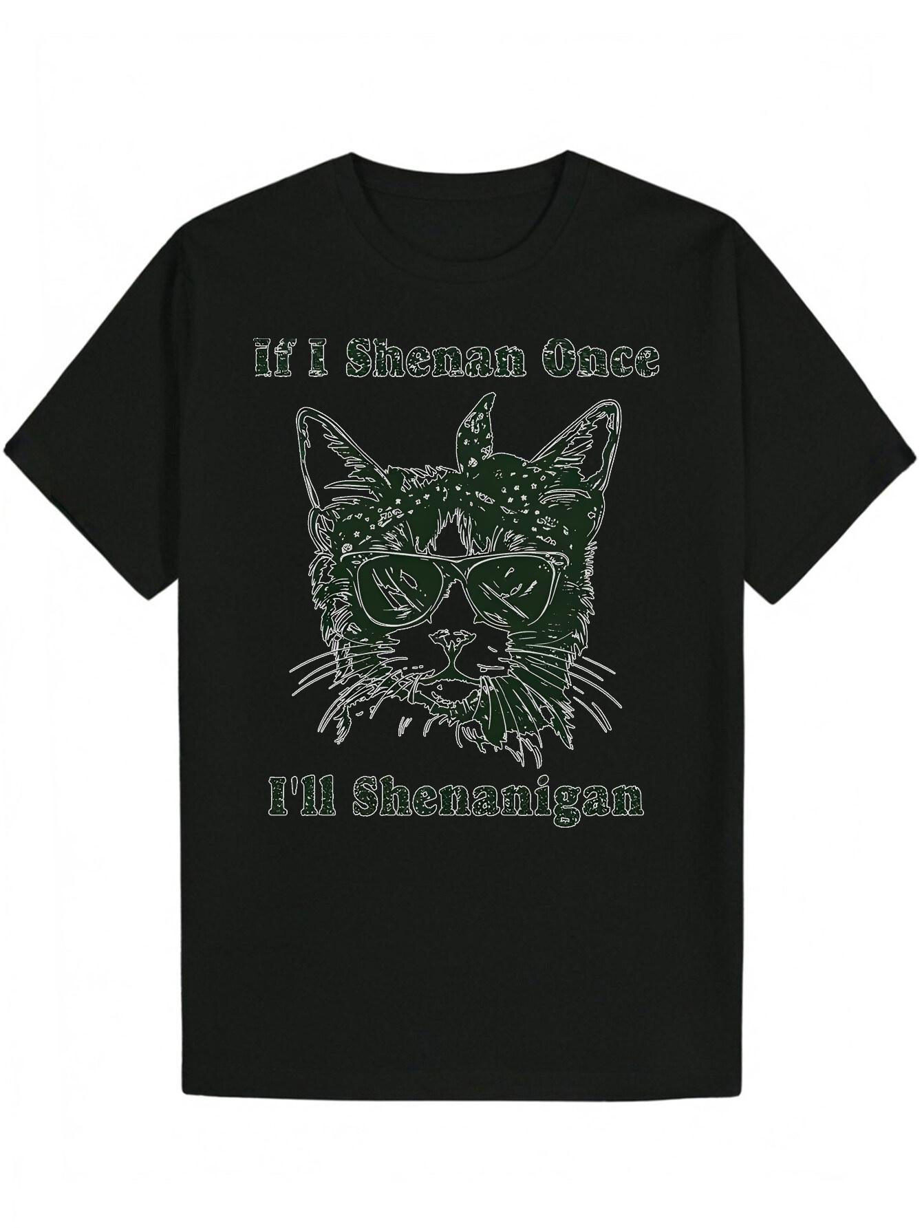 

Crew Neck Polyester T-shirt with Humorous Cat Graphic - If I Shenanigans S