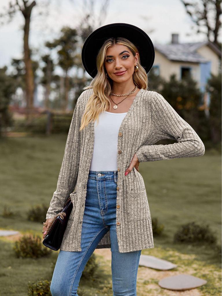 2023 Autumn Women's Brushed Ribbed Long Sleeve Cardigan Coat