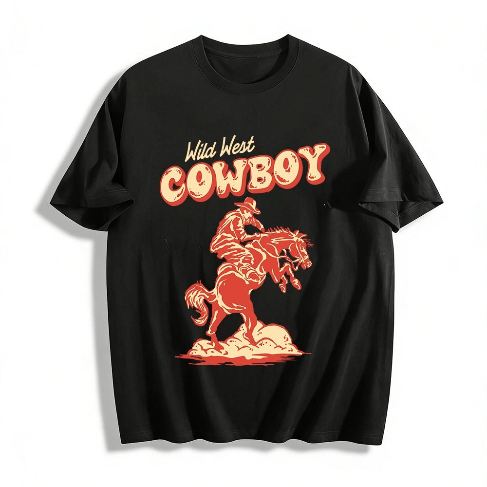 Wild West Cowboy Riding Horse Print Retro Casual Short Sleeve Tee Pure cotton T-shirt