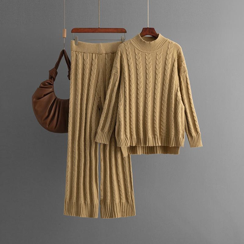 Solid color semi-turtleneck sweater twist set women's autumn and winter new fashion knitted two-piece set women's clothing