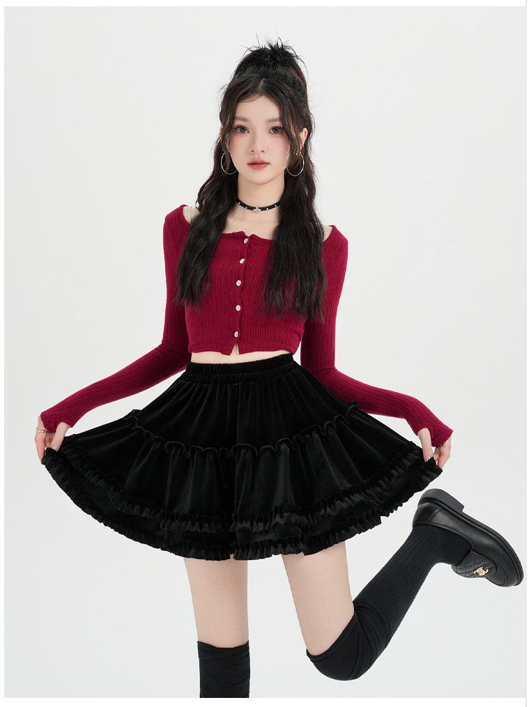 High-Waist Velvet A-Line Fluffy Skirt for Women - Autumn/Winter Collection