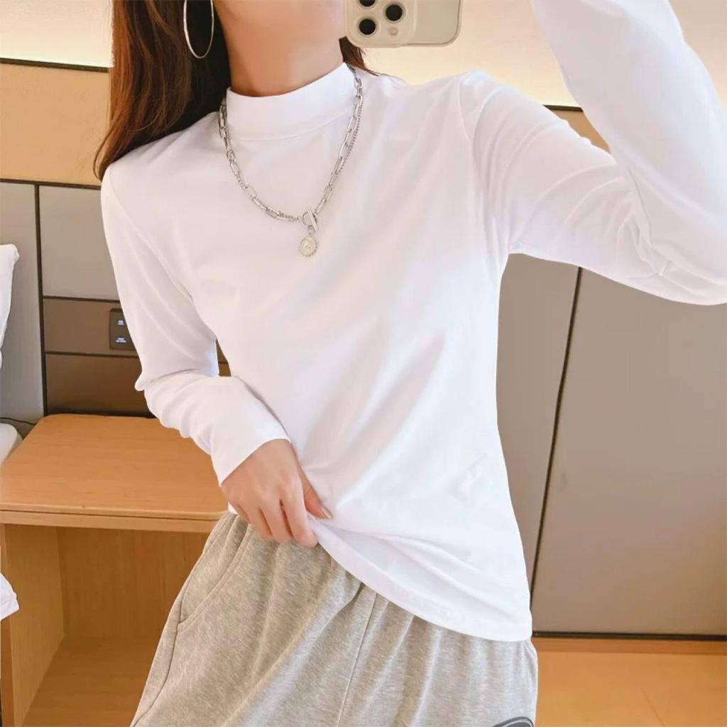 Women's Pure Cotton White Long Sleeve Slim Fit Base Layer Top for Autumn/Winter 2025