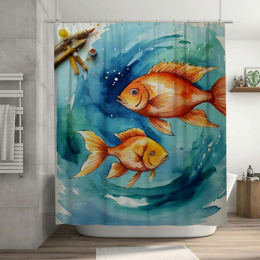 Watercolor Fish Shower Curtain Blue Green Mermaid Bath Decor with Brush Strokes Artistic Sea Life Print for Bathroom Accessories
