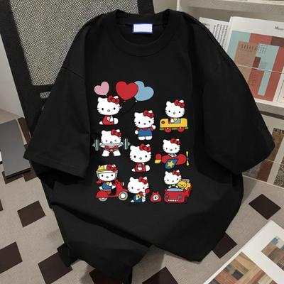 Hello Kitty Kawaii Cotton T-shirt Sanrioed Anime Fashion Women's Top Summer Casual Street Personalized Sweet Girl Top T-shirt