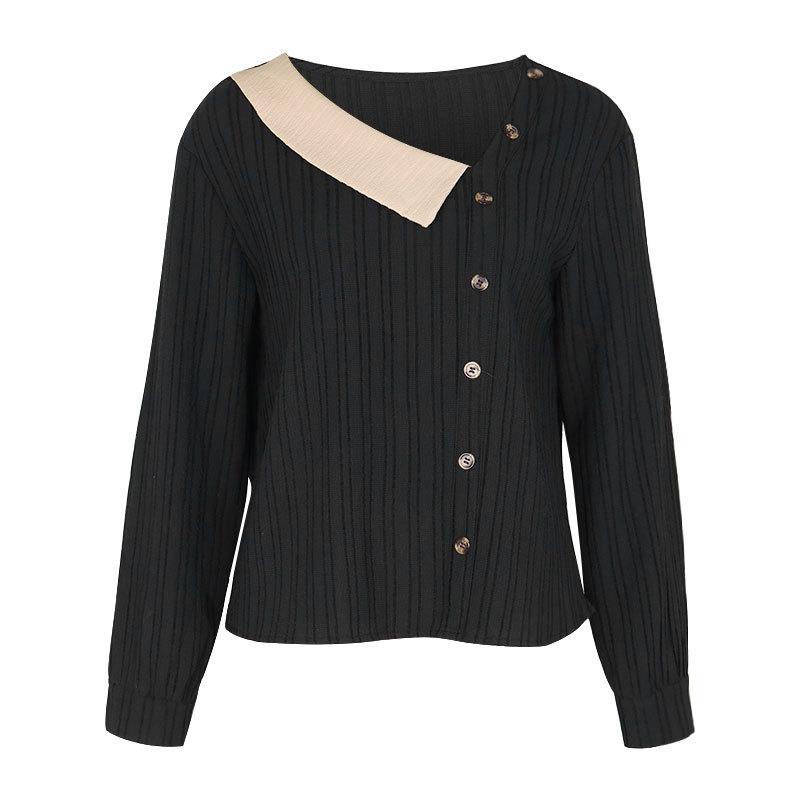 Wiosenno-jesienna damska koszula z przeszyciami, dekolt w serek, temperamentna, elegancka, top z długim rękawem