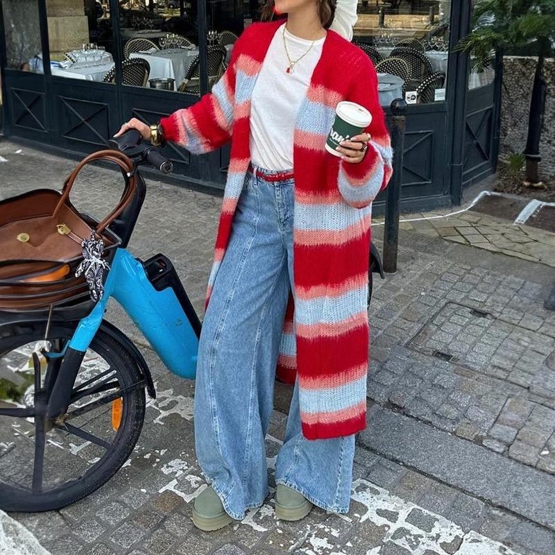 Vacation Color Block Long Sleeve Coat Sweater Women s Autumn and Winter S красный