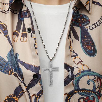 Christian Bible Cross Necklace Stainless Steel Big Pendant Men's Religious Prayer Jewelry Adjustable Chain Anti-Tarnish Durable