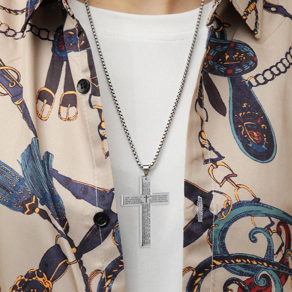 Christian Bible Cross Necklace Stainless Steel Big Pendant Men's Religious Prayer Jewelry Adjustable Chain Anti-Tarnish Durable